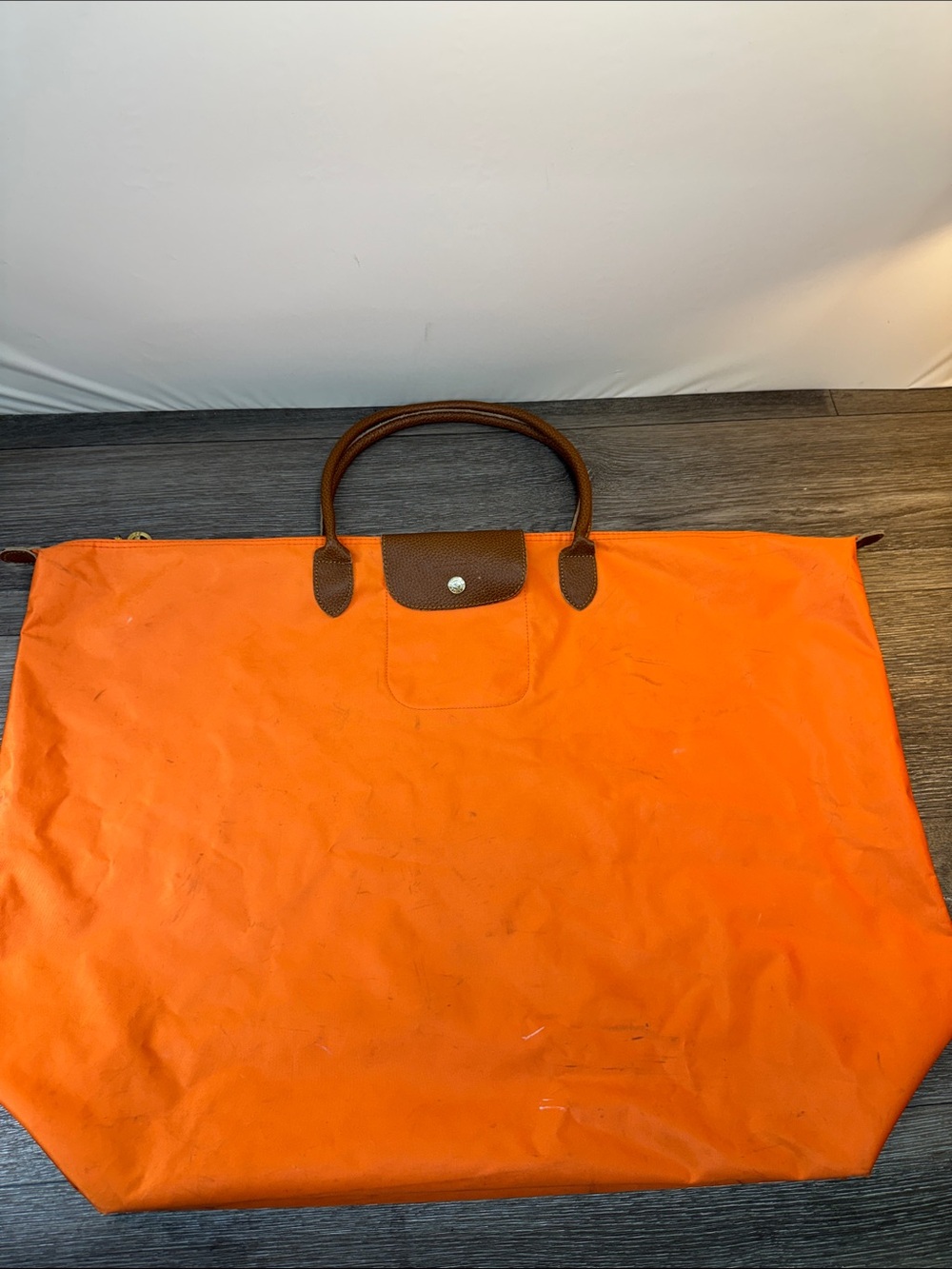 Longchamp Orange Tote with Brown Leather Trim over size bag 28”x20”